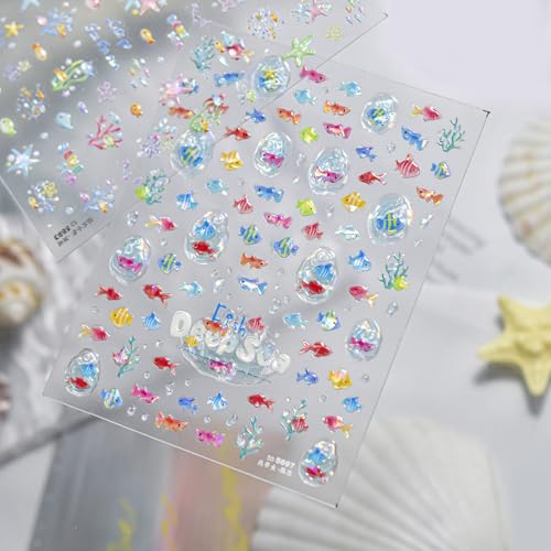 Image of Tropical Fish Nail Stickers Summer Nail Art Stickers Ice-Transparent Design 5D Embossed Self Adhesive Nail Decals for Women Manicure DIY Decoration Accessories