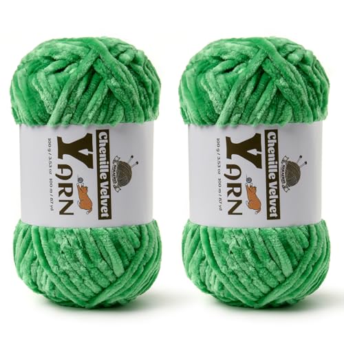 Image of 2 Pack Plush Chenille Chunky Yarn - Fluffy Velvet Yarns Crochet for Blanket Knitting and Crocheting - Soft Baby Yarn for Crocheting - Amigurumi Crochet Yarns 100g (87yds) (2 Christmas Green)