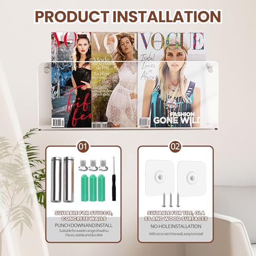 SXTDKMJ Prospekthalter Wand, Zeitschriftenhalter Wand Acryl Zeitschriftenregal Modern Zeitungsständer mit Dübel Schrauben Klebeschrauben für Bad Wohnzimmer Büro(40cm)