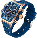 findtime Reloj de pulsera para hombre, grande, rectangular, deportivo, cronógrafo, fecha, resistente al agua, diseño militar, correa de silicona blanca, Azul oro rosa, Correa
