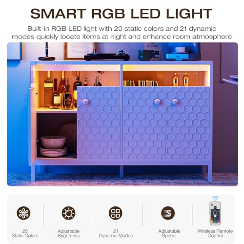 IKIFLY Modern Sideboard Cabinet with Storage, Buffet Cabinet with 4 Doors and Adjustable Shelves, Credenzas Accent Table with LED Light & Power Outlet for Entryway, Kitchen, Living Room White