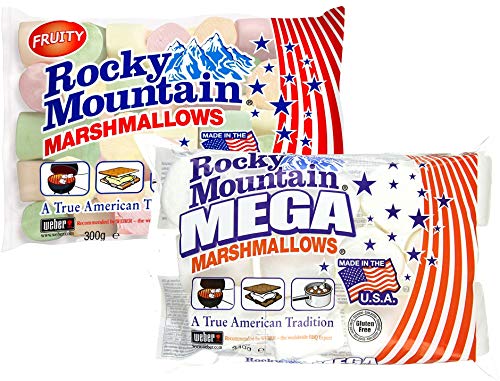 Rocky Mountain Marshmallows Tasting Set Fruity & Mega, des bonbons américains traditionnels colorés à rôtir sur un feu de camp, à griller ou à cuire, au goût de fruits, (1x300g, 1x340g) Cover