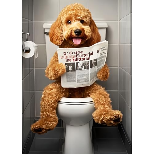 DPHERO DIY Hund Liest Zeitung Diamant Painting Kits Bilder für Erwachsene Anfänger,5D Toilette Diamond Painting Set,DIY Runde Steine Waschraum Diamant Kunst Kits, Diamant Art für Zuhause Dekor 30x40cm