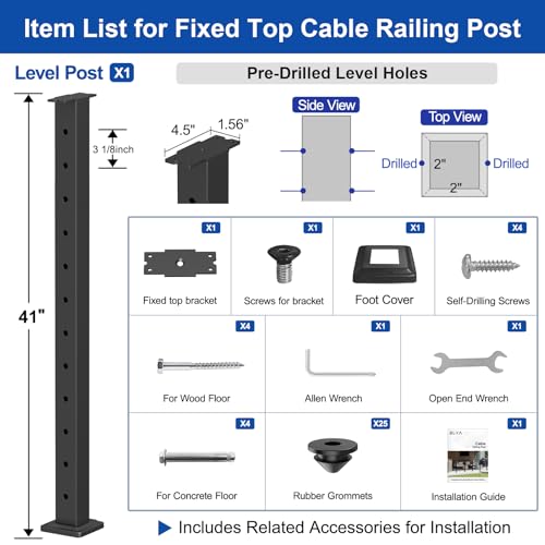 Image of BLIKA 42 inch Level Drilled Cable Railing Post(Post 41 inchx2 inchx2 inch), Flat Top Surface Mount Deck Post, Stainless Steel Black Powder Coated Finish Cable Handrail Post for Deck Railing, BL02-LP