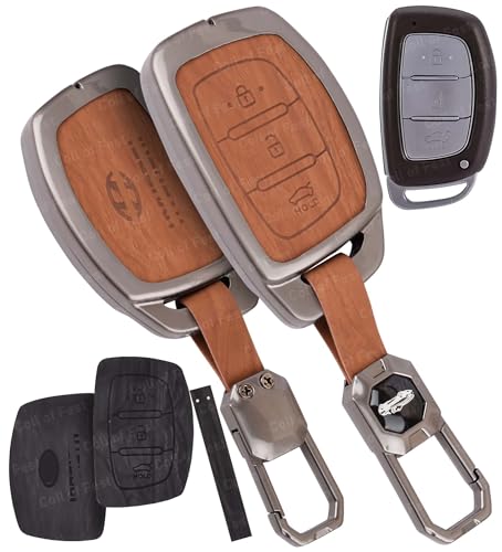 Image of Car Key Cover Compatible with Hyundai i20, Creta, Venue, Tucson, Alcazar, Verna, Xcent, Aura, Elantra 3-Button Smart Key (2 in 1 Dual Leather Metal)