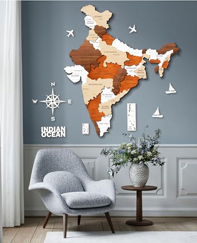 AD INFINITUM® India Map Wooden Wall Art, Multilayer Multicolor 3D
