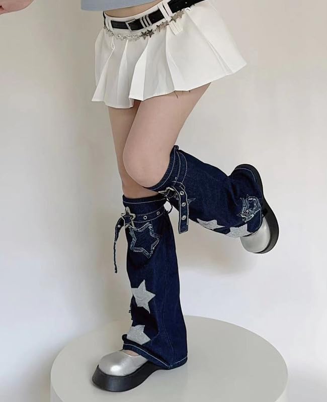 Image of Hopecn Girls Leg Warmers Y2K Skull&Star Print Two Side Wear Knitted Goth Leg Warmer 80s Loose Kawaii Streetwear Socks.
