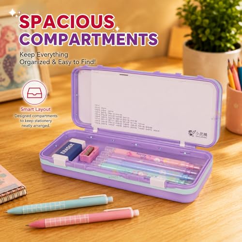 Image of WISHKEY Unicorn & Mermaid Pencil Box for Kids Large Capacity Double-Sided Pencil Case with Multiplication Table Secure Lock Spacious Compartments Cute School Stationery Box for Girls Multicolor