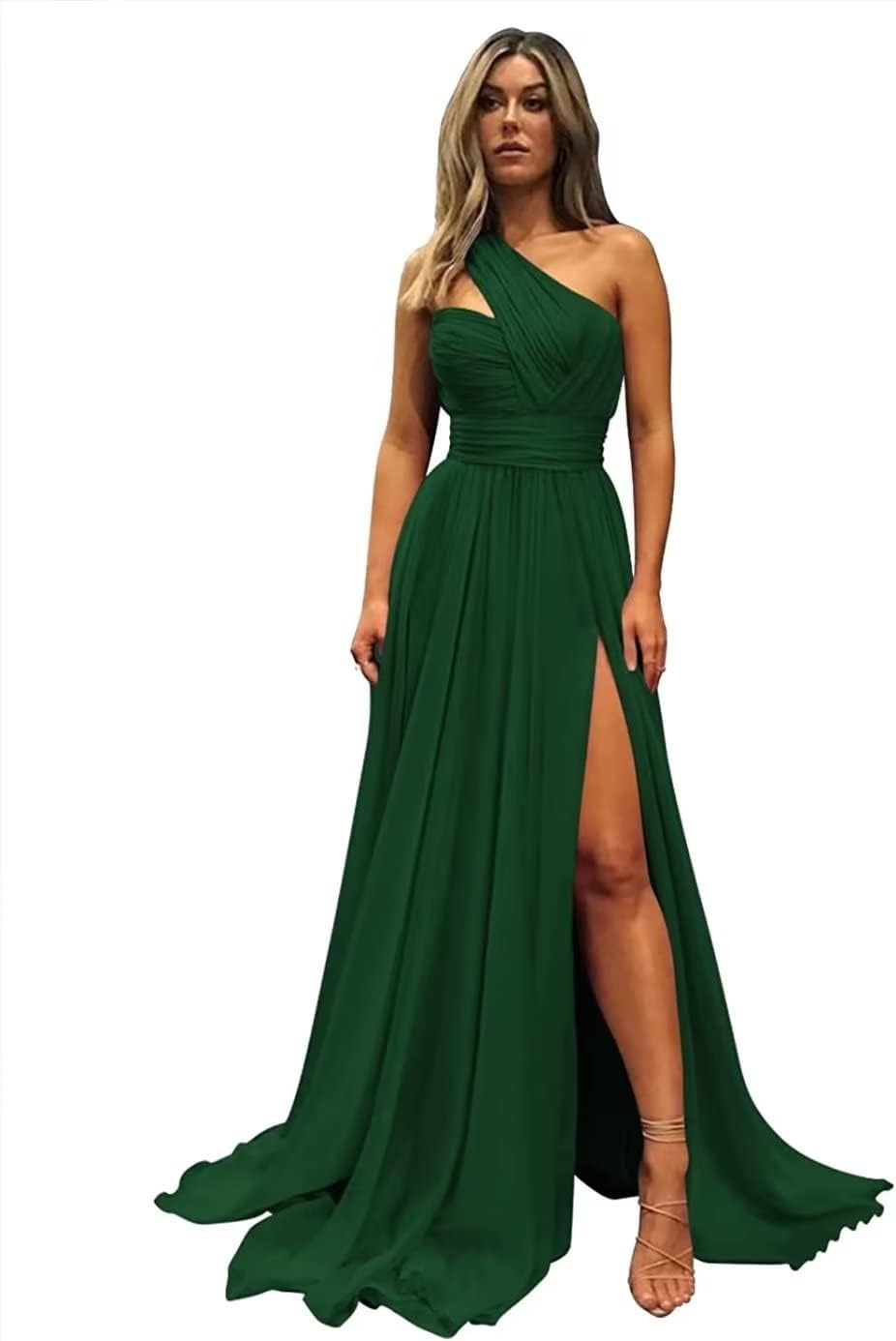 Women's One Shoulder Bridesmaid Dresses Long Slit Ruched Chiffon Formal Evening Gown with Pockets