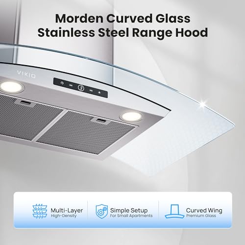 Image of VIKIO HOME Wall Mounted Range Hood, 450 CFM Dual Inlet, Curved Glass Kitchen Vent Hood (Metal, 36 inch)