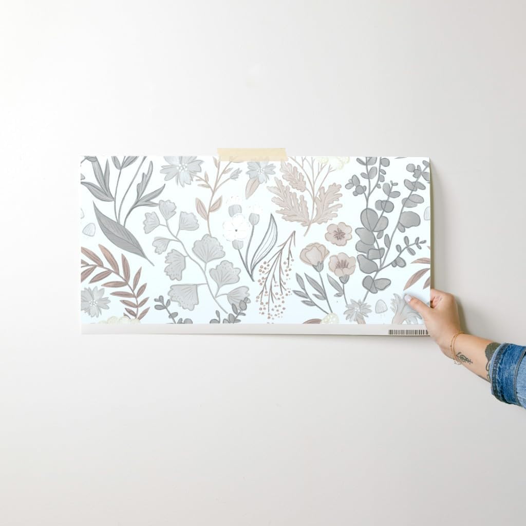Spoonflower Removable Wallpaper Swatch - Pretty Neutral Flowers Eucalyptus Floral Pastel Custom Pre-Pasted Wallpaper