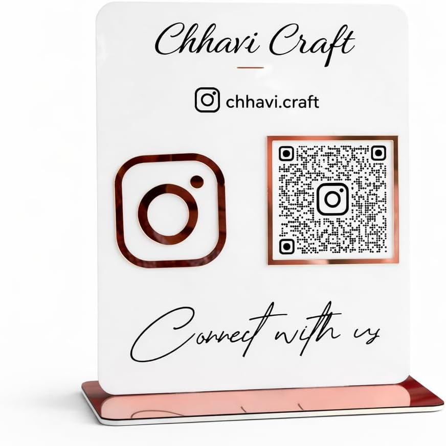Acrylic QR Code Stand –Customized 6x8 Inch White with Rose Gold Custom Logo, Brand Name & Standy for Payment, Review & Social Media -Ideal for Shops, Cafes, Salons, Offices & Events