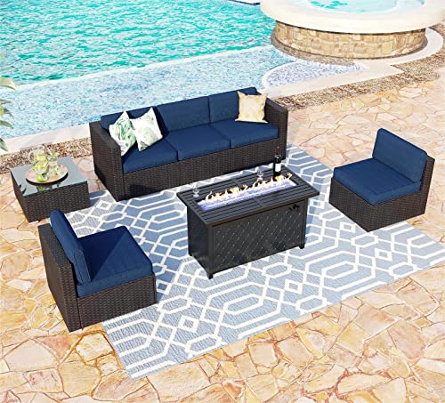 Mfstudio 7-Piece Patio Rattan Furniture Set With 45" 50,000 Btu Rectangular Fire Pit Table,Outdoor Sectional Sofa Conversation Set With Blue Cushions&Tea Table #TOP8