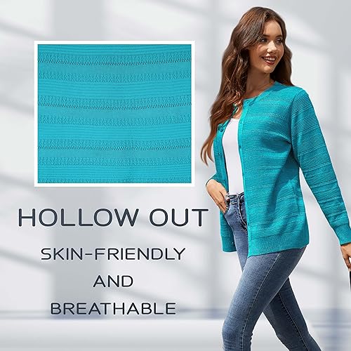 Image of Women's Long Sleeve Cardigan Knit Open Front Sweater | Lightweight Crew Neck Button Down