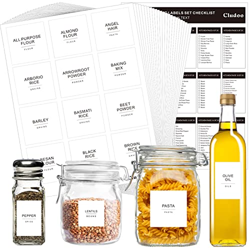 Cludoo 434 Pcs DIY Blank & Preprinted Minimalist Waterproof Pantry Kitchen Labels - 3 Sizes - Ideal for Containers, Jars, Bottles