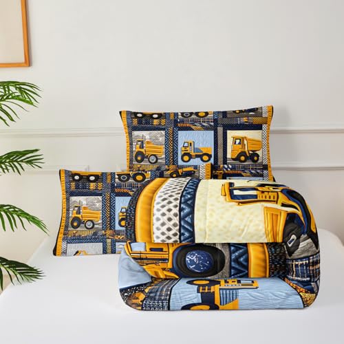 Image of Kids Excavator Comforter Set Twin,Boys Construction Bedding Set,Yellow Vehicles Excavator Tractor Print Bedding Set,Soft Microfiber Cartoon Truck Quilt Set for Room Decor