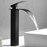 Dolinvo Wasserhahn Bad Hoch Wasserfall Schwarz Matt für Badezimmer SUS304 Edelstahl Modern Design Waschtischarmatur Hochdruck Armatur für Aufsatzwaschbecken Anti-Verkalkung Mischbatterie Schwarz