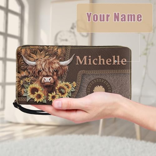 Tuoxiukan Personalized Name Wallets for Women PU Leather Highland Cow Wristlet Wallets with Zipper Mens Slim Minimalist Wallet Phone Case Cash Organizer Sunflower Customized Gifts for Girlfriend Wife2