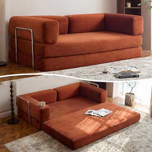 CKIKH Convertible Futon Sofa Bed Folding Boneless Modular Couch, Corduroy Loveseat Sleeper with Fixed-Shape Frame for Living Room Bedroom Lounge Studio (Caramel)