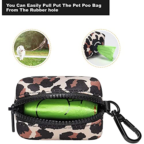 Image of Petmolico Dog Poop Bag Holder Leash Attachment, Waste Bag Dispenser Zippered Pouch, Fits Any Leash, Includes Free Roll of Bags, 2 Pack - Leopard