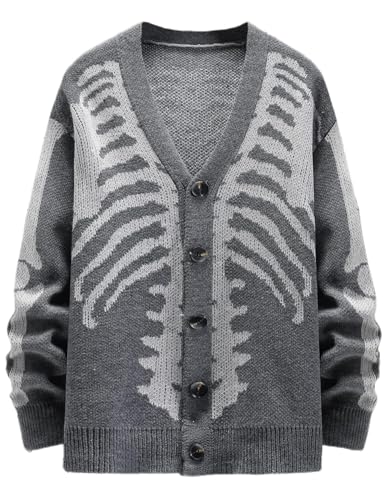 Arssm Men Skeleton Cardigan Sweater Oversized Fall Graphic Long Sleeve Knit Y2K Button Down V Neck Sweater Outwear(Grey-L)