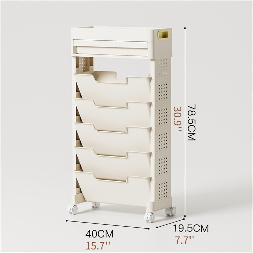 Rolling Book Cart with Lockable Wheels, 7-Tier Mobile Craft Storage Cart with Drawer, Slim Storage Organizer for Home Office Classroom, Modern Bookcase on Wheels