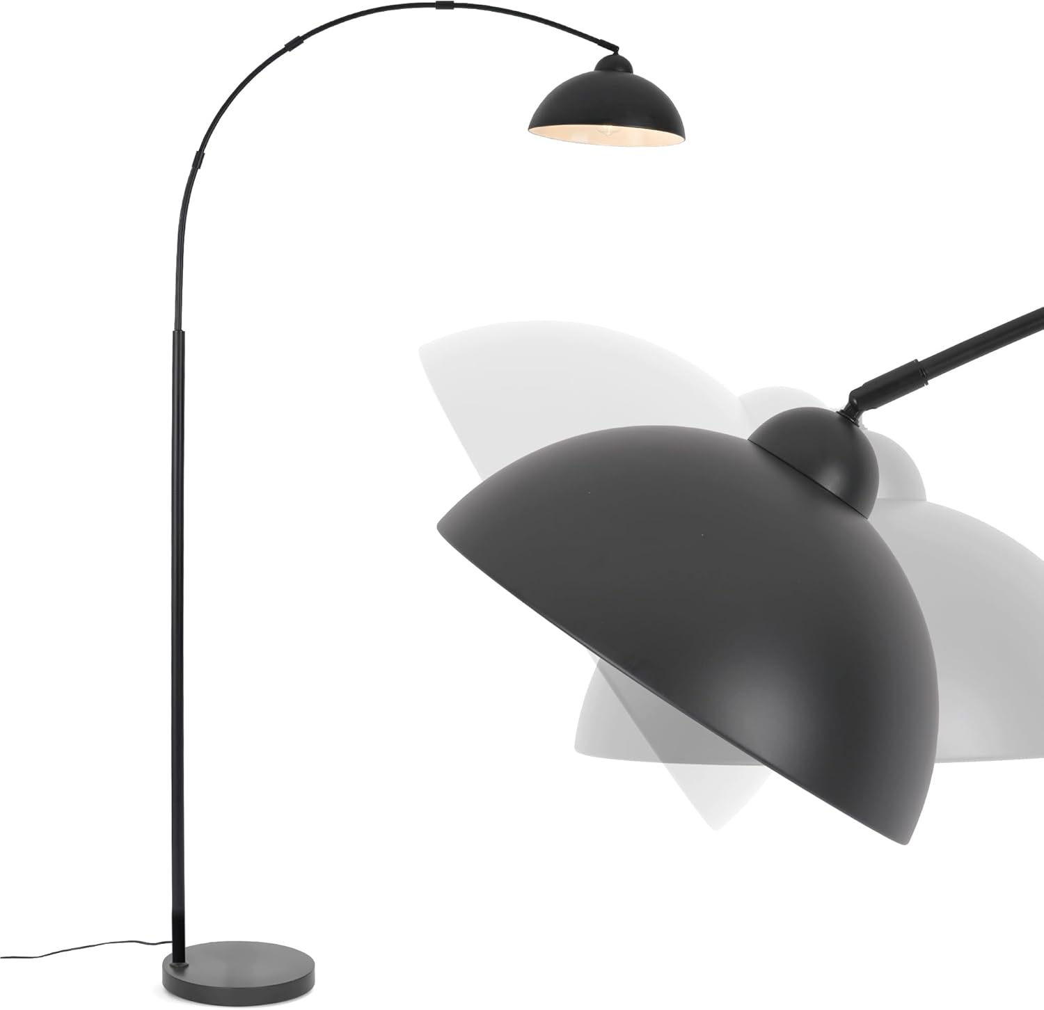Lámpara de Pie Arco 204 cm Negra para Salón, Lámpara de Pie Moderna con Base Metálica 30 cm 5 kg Estable, Pantalla de Aluminio Ajustable, Montaje Rápido en 5 Minutos, Casquillo E27 (Sin Bombilla)