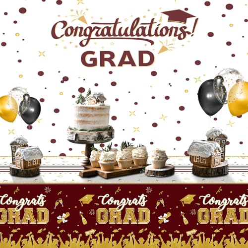 Image of chiazllta Set of 3 Graduation Tablecloths Class of 2026 Congrats Grad Maroon Graduation Party Tablecover Decorations Party Supplies Large Size Plastic 54 inchx108 inch(Maroon & Gold)