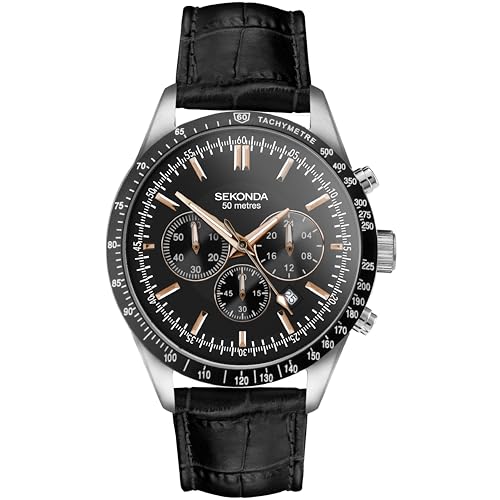 Image of Sekonda Velocity Men’s 45mm Quartz Watch in Black with Analogue Display, and Black Leather Strap 30017