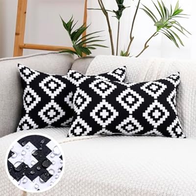CARRIE HOME Black and White Outdoor Lumbar Pillows 12x20 Waterproof Set of 2, Black Porch Lumbar Pillow Covers 12 x 20, Outdoor Patio Decor for Patio Furniture, RV, Backyard, Deck, Trailer, Camping