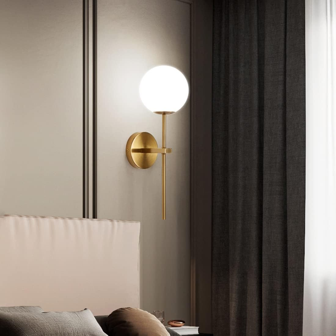 Glass Globe Wall Mount Lamp 1-Light Gold Mid Century Modern Wall Sconces Light Fixture Magic Bean Sphere Wall Light with Long Arms for Bedside Living Room Hallway (Gold)