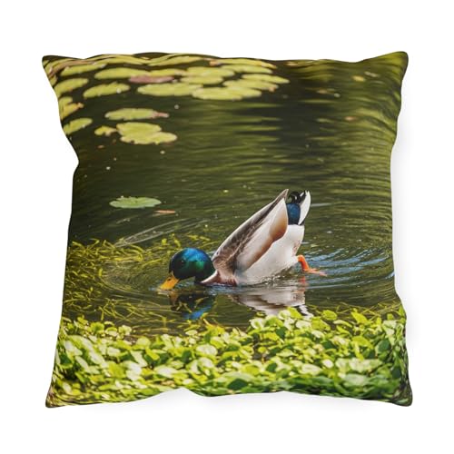 Double-Sided Outdoor Pillow - Duck Diving for Food Among Pondweed