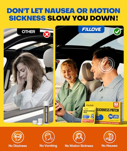Image of FILLOVE 52ct Motion Sickness Patches Non-Drowsy, 72H Lasting Sea Sickness Patches Cruise Essentials 2026, 100% Natural Motion Sickness Patch Travel Essentials for Car Airplane Ship Altitude Sickness