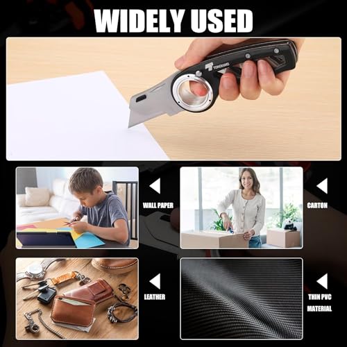 Image of Tondiamo 1 Pcs Utility Pocket Knife Folding Heavy Duty Box Cutter with Anti Slip Finger Loop Razor Knife Quick Change Blade 3 Lock Position Design for Home Office Warehouse (Black)