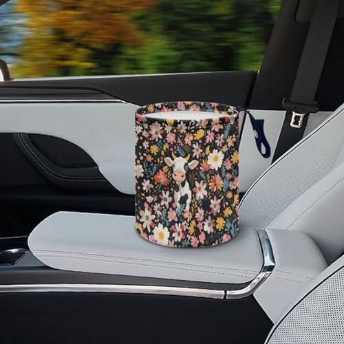 Image of Cow Floral Car Trash Can Bin Hanging Automotive Garbage Cans Leak-Proof Car Organizer