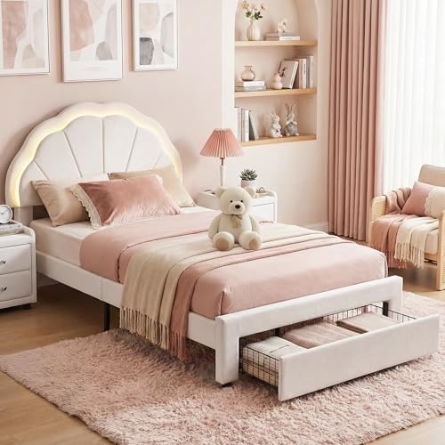Artiss King Single Bed Frame with Storage Drawer Upholstered Velvet Platform Bed with Cute Shell Headboard Round Safety Edges Wood Slats Support Beige White