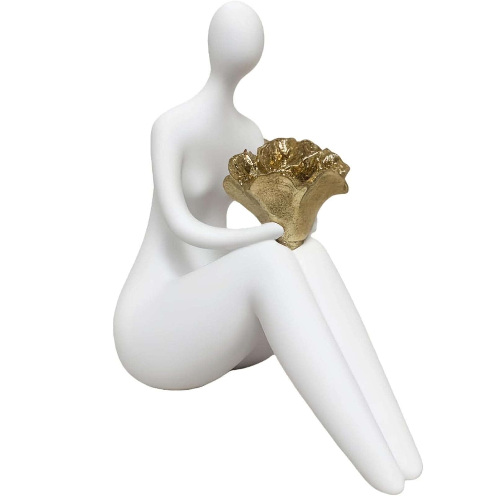 LOVIVER Escultura Figura Estatua Decorativa Adorno Moderno Figura Sentada en Resina con Detalle Dorado Acabado Huevo Adecuada para Sala de Estar Recibidor