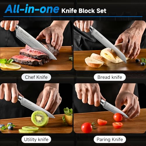 Image of Sunnecko Knife Set with Block and Sharpener, 15 Pcs Kitchen Knife Block Set