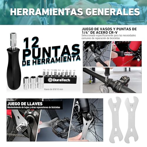 DURATECH 31 Piezas Juego de Reparación de Bicicleta, Maletín de Herramientas para Bicicleta, Herramientas de Neumáticos y Cadenas, Extracción de Pedales del Eje Central, para Reparar Bicicleta - imagen 9