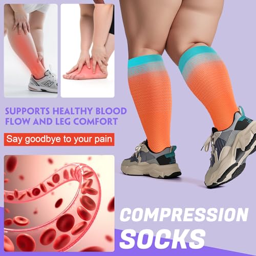 Image of 4 Pairs Plus Size Compression Socks,Extra Wide Calf 20-30 mmHg Knee High Compression Socks for Men Women Circulation