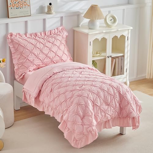 Image of DuShow Princess Toddler Bedding Set for Girls,4 Pieces Ruffles Toddler Bed Set,Ultra Soft Kids Pink Sheet Set Includes Comforter,Flat Sheet,Fitted Sheet and Pillowcase