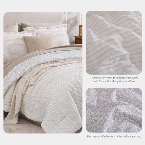 King Comforter Set - 7 Pieces Beige Gauze Muslin Bedding Sets for All Seasons, Lightweight Breathable Bed in a Bag King with Revesible Farmhouse Comforter, Sheets, Pillowcases & Shams