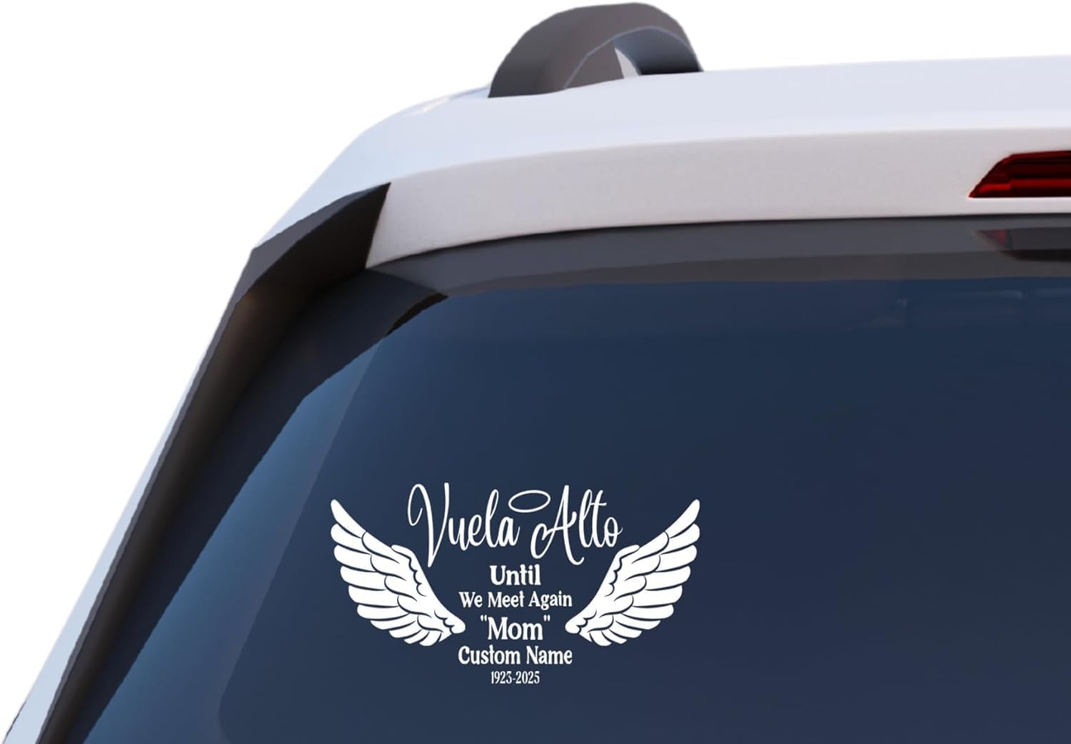 Vuela Alto Memorial Decal with Angel Wings, Until We Meet Again Custom Name and Dates, Vinyl Car Window Sticker, 6x11 Inch