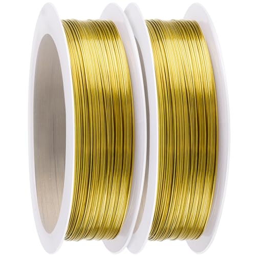 Caianwin 0.3mm x 100m Basteldraht Dünn, Gold Schmuckdraht, Blumendraht, Bindedraht, 2 Rollen Draht zum Basteln für Schmuck Herstellung, Häkeln, DIY Handwerksarbeit, Blumensträuße, Binden & Verknoten