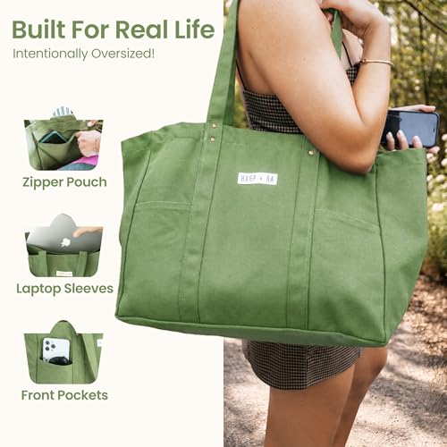 26L Harp + Ra Unstructured Extra Large Canvas Tote Bag for Women, Open Top, No Zipper, Laptop Sleeve, 3 Pockets, 23x14x7 in - Image 4