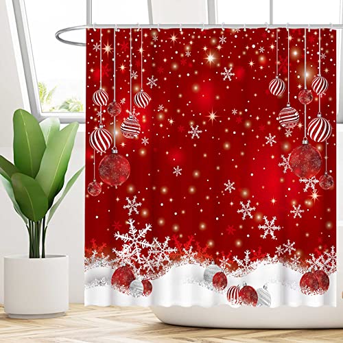 Funnytree Red Christmas Snowflakes Shower Curtain Set With 12 Hooks Merry Xmas Glitter Sparkle Bokeh Bathroom Bathtubs Decor Easy Care Washable Durable Polyester Fabric 72"X72" #TOP1