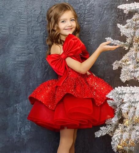 Sparkly Sequin Puffy Flower Dresses Short Girls Pageant Prom A Line Sleeveless Princess Bow Knot Birthday Party Dress PT6163
