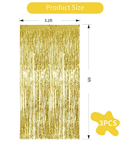 Image of 3Pcs Gold Metallic Tinsel Foil Fringe Curtains,3.28ft x 6.56ft Gold Photo Booth Backdrop Streamer Curtain,Photo Booth Props,Ideal Bachelorette Party Supplies, Birthday, Christmas,New Year Decorations