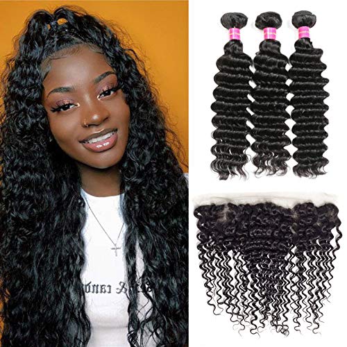 Brazilian Human Hair Deep Wave Bundles with Closure, Premium 8A+ Virgin Hair Curly Weave Extensions, 100% Unprocessed Human Hair Bundles with Closure Free Part (8, 3 Bundle/Frontal) (8 Inch, 4B)