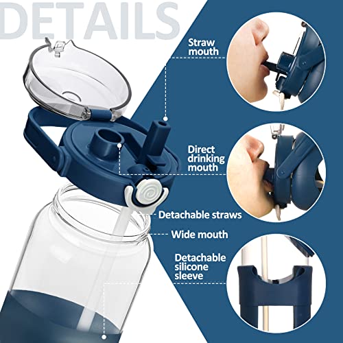 Bluego 56Oz Glass Water Bottles With Straw Time Marker Half Gallon Large Motivational Water Bottle With Silicone Sleeve 2L Big Glass Water Jug Bottle For Gym, Sports, Workout, Daily Dark Blue #TOP2
